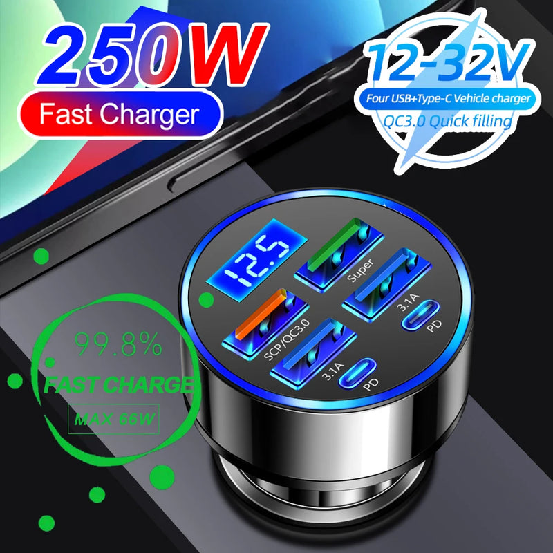 Cargador Velev Digital 4USB + 2PD | Pantalla Digital, Rápida y Compacta