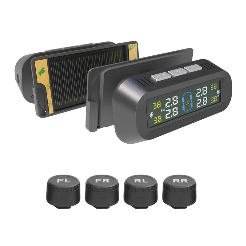 Smart TPMS Sensor de Pressão de Pneus Carro – 4 Sensores Externos, Monitor Solar com Alarme Inteligente